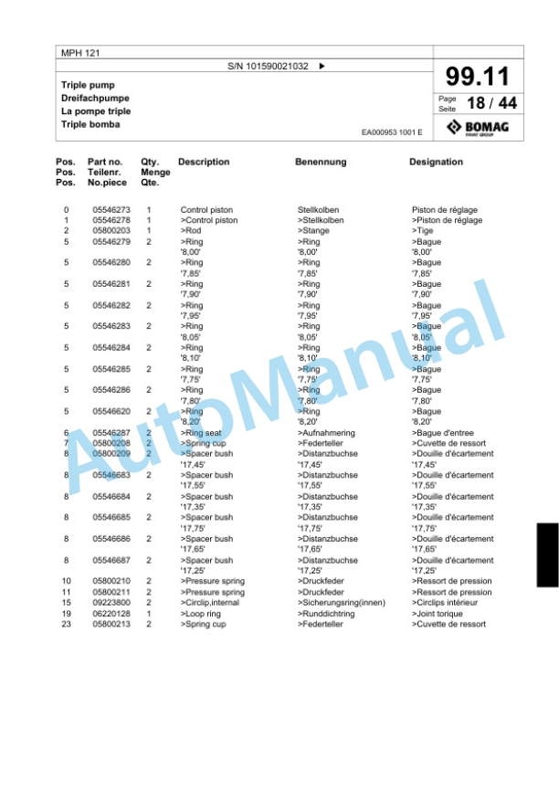 Bomag MPH 121 Soil Stabilizer - Asphalt Recycler Spare Parts Catalogue 00817587-3