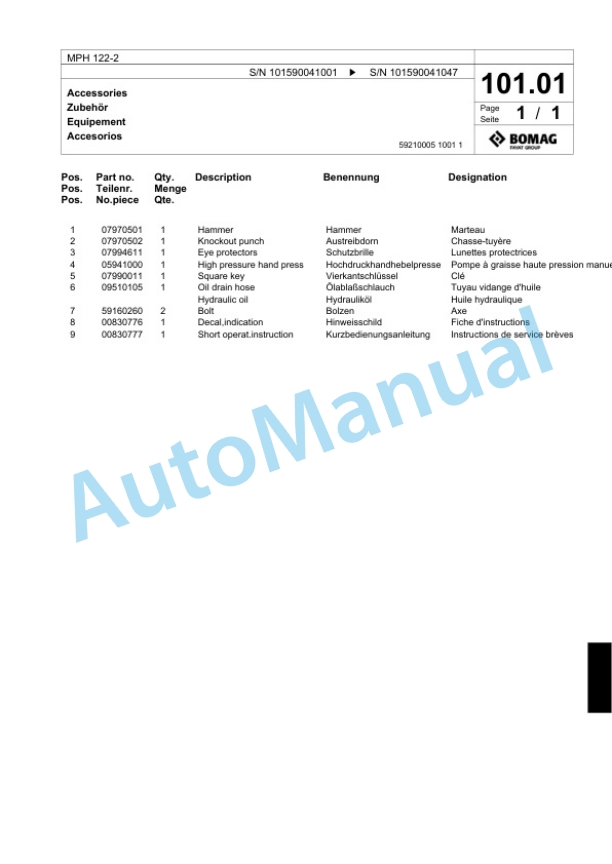 Bomag MPH 122-2 Soil Stabilizer - Asphalt Recycler Spare Parts Catalogue 00818177-3