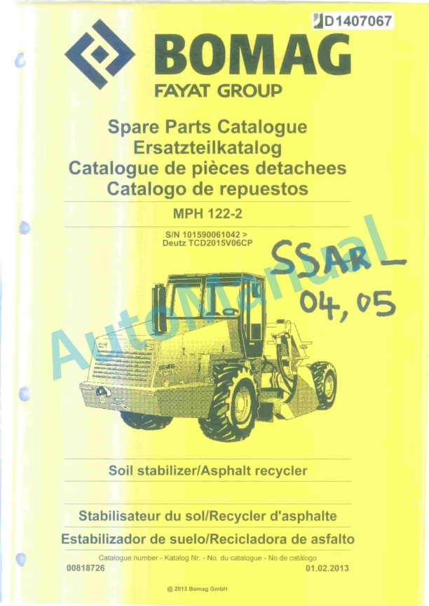Bomag MPH 122-2 Soil Stabilizer - Asphalt Recycler Spare Parts Catalogue 00818726