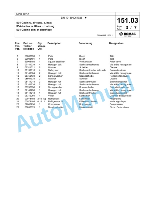 Bomag MPH 122-2 Soil Stabilizer - Asphalt Recycler Spare Parts Catalogue 00818727-3