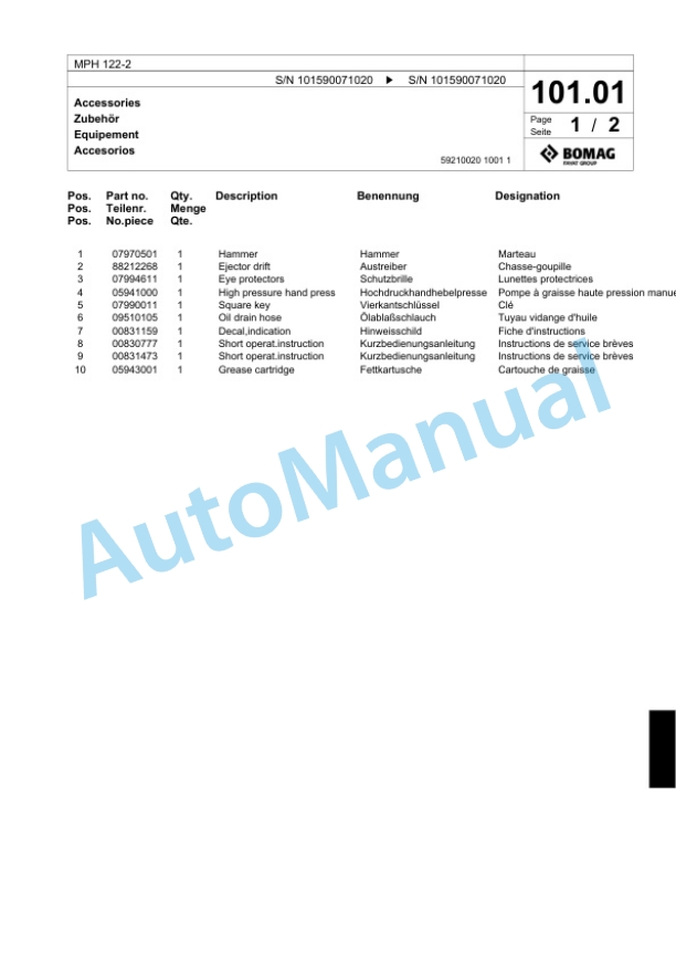 Bomag MPH 122-2 Soil Stabilizer - Asphalt Recycler Spare Parts Catalogue 00818911-3