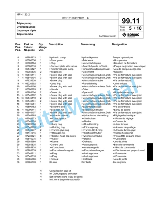Bomag MPH 122-2 Soil Stabilizer - Asphalt Recycler Spare Parts Catalogue 00824987-3