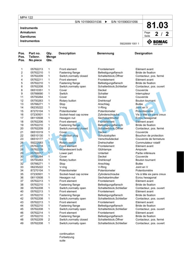Bomag MPH 122 Soil Stabilizer - Asphalt Recycler Spare Parts Catalogue 00817595-2