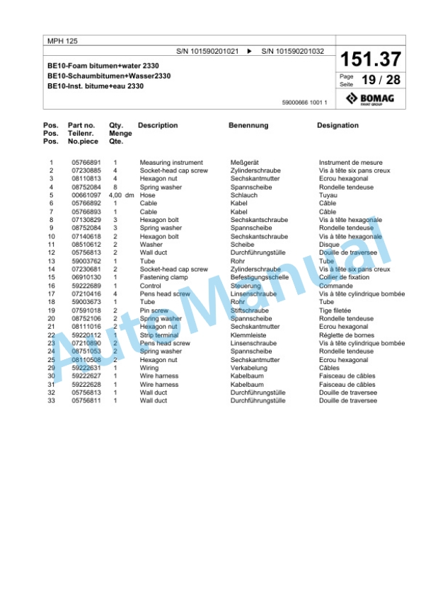 Bomag MPH 125 Soil Stabilizer - Asphalt Recycler Spare Parts Catalogue 00818273-5