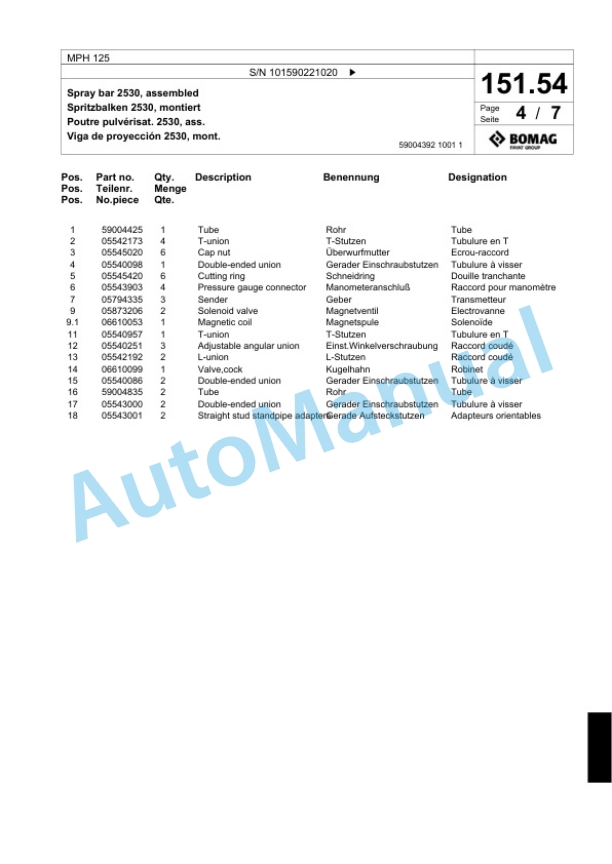 Bomag MPH 125 Soil Stabilizer - Asphalt Recycler Spare Parts Catalogue 00818909-5