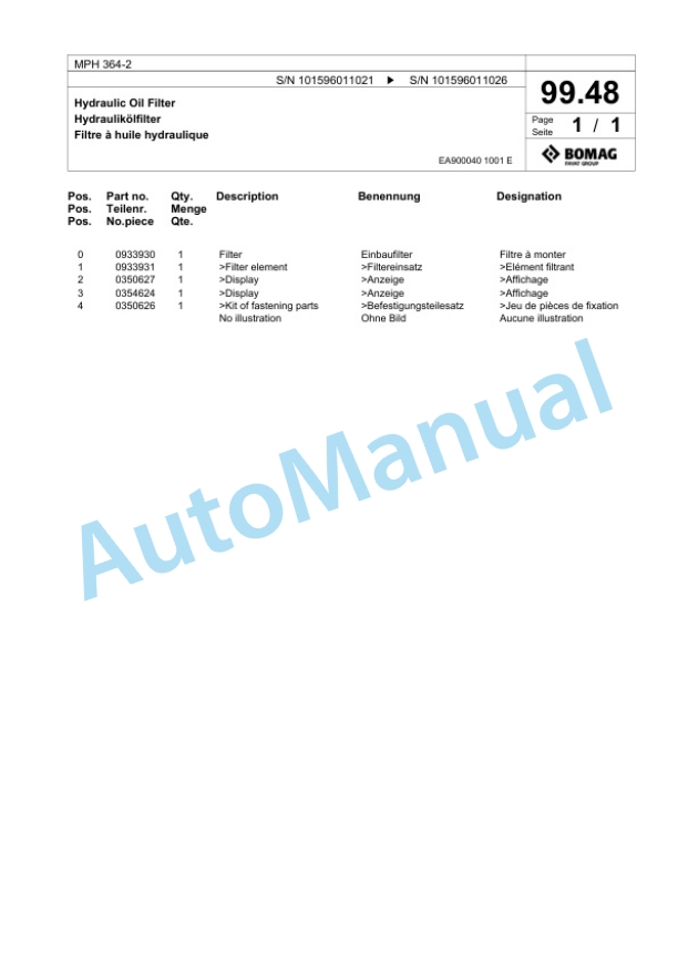 Bomag MPH 364-2 Soil Stabilizer - Asphalt Recycler Spare Parts Catalogue 00824973-3
