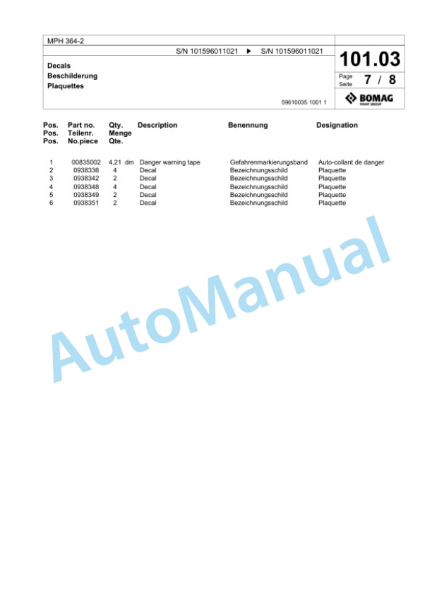 Bomag MPH 364-2 Soil Stabilizer - Asphalt Recycler Spare Parts Catalogue 00824973-4