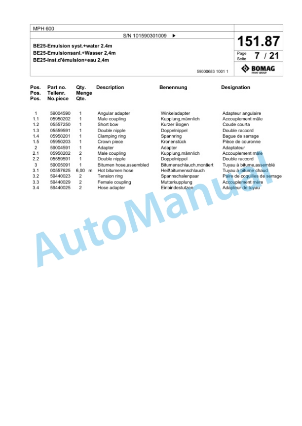 Bomag MPH 600 Soil Stabilizer - Asphalt Recycler Spare Parts Catalogue 00824097-5