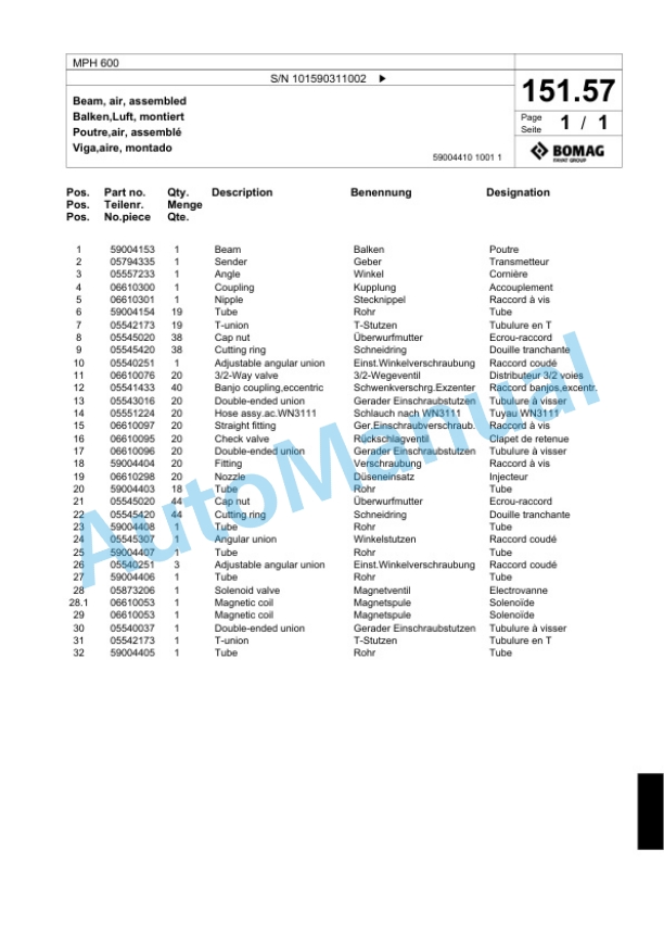 Bomag MPH 600 Soil Stabilizer - Asphalt Recycler Spare Parts Catalogue 00824099-4