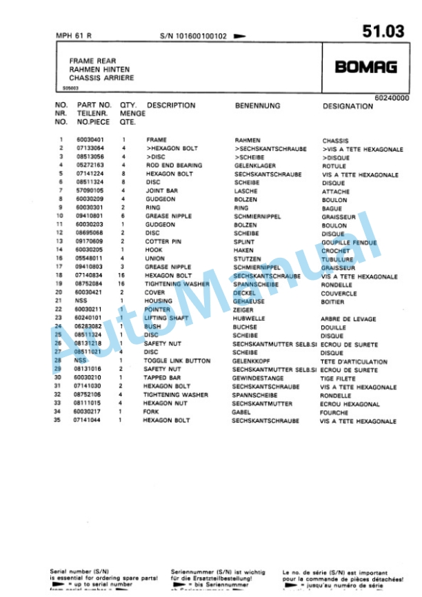 Bomag MPH 61 R Asphalt Recycler Spare Parts Catalogue 00810060-4