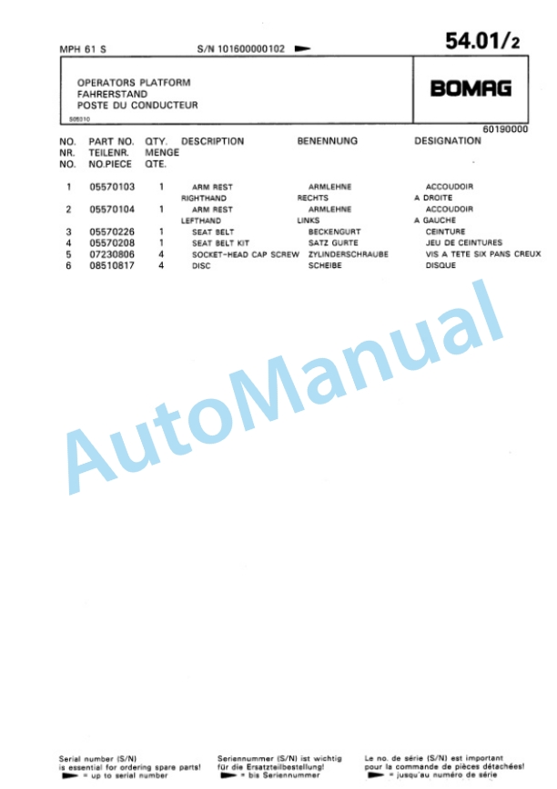 Bomag MPH 61 S Soil Stabilizer Spare Parts Catalogue 00810059-5