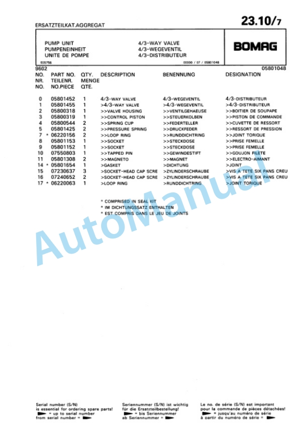 Bomag Pump Spare Parts Catalogue 00817722-2