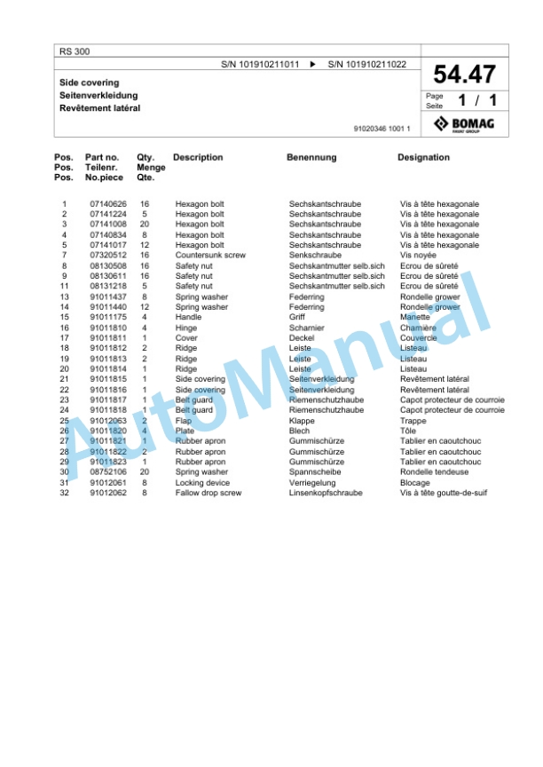 Bomag RS 300 Tractor-Towed Stabilizier Spare Parts Catalogue 00826621-2