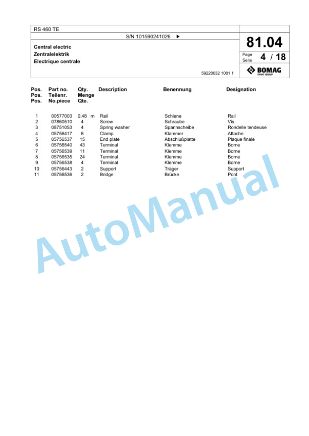 Bomag RS 460 TE Soil Stabilizer - Asphalt Recycler Spare Parts Catalogue 00825833-2