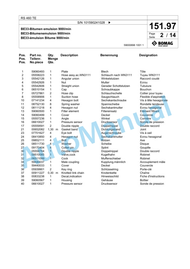 Bomag RS 460 TE Soil Stabilizer - Asphalt Recycler Spare Parts Catalogue 00825833-5