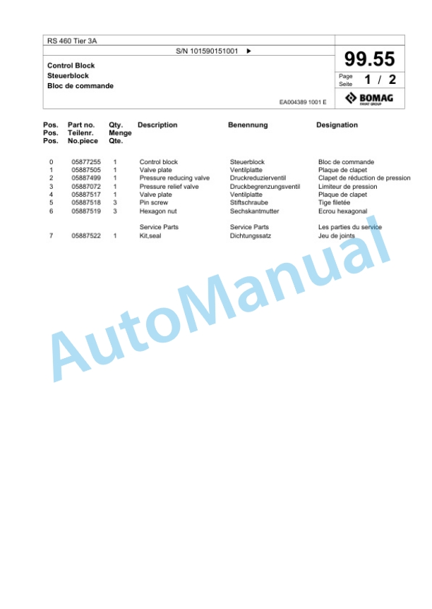 Bomag RS 460 Tier 3A Soil Stabilizer - Asphalt Recycler Spare Parts Catalogue 00825187-4