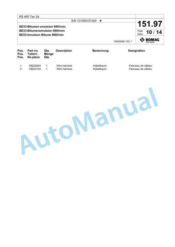 Bomag RS 460 Tier 3A Soil Stabilizer - Asphalt Recycler Spare Parts Catalogue 00826141-4