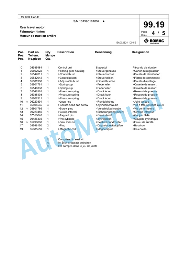 Bomag RS 460 Tier 4f Soil Stabilizer - Asphalt Recycler Spare Parts Catalogue 00825189-4