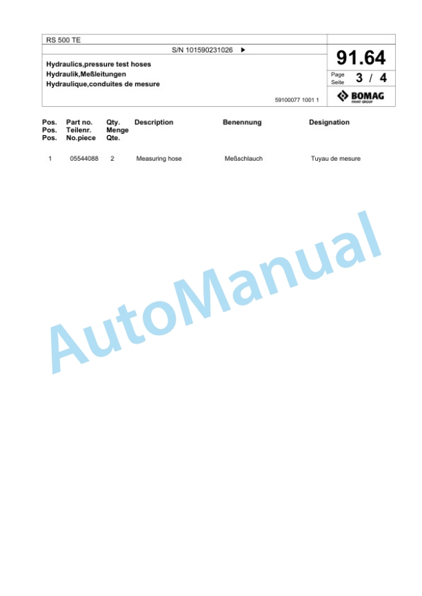 Bomag RS 500 TE Soil Stabilizer - Asphalt Recycler Spare Parts Catalogue 00825835-3