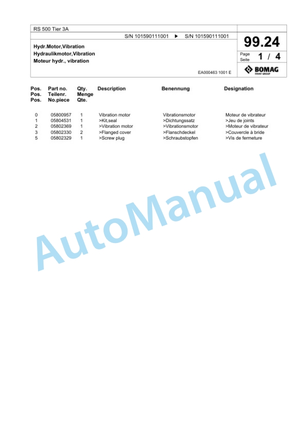 Bomag RS 500 Tier 3A Soil Stabilizer - Asphalt Recycler Spare Parts Catalogue 00824753-5