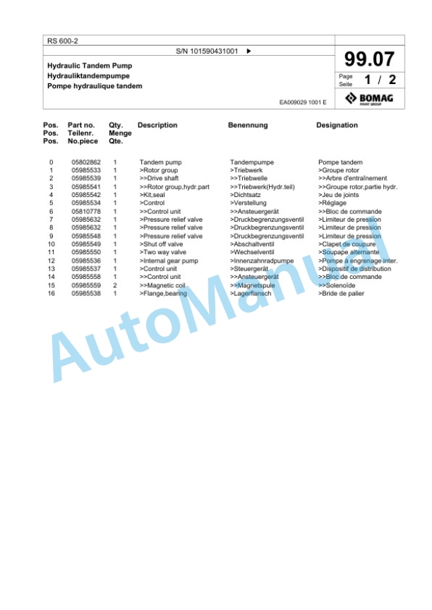 Bomag RS 600-2 Soil Stabilizier - Asphalt Recycler Spare Parts Catalogue 00826669-2
