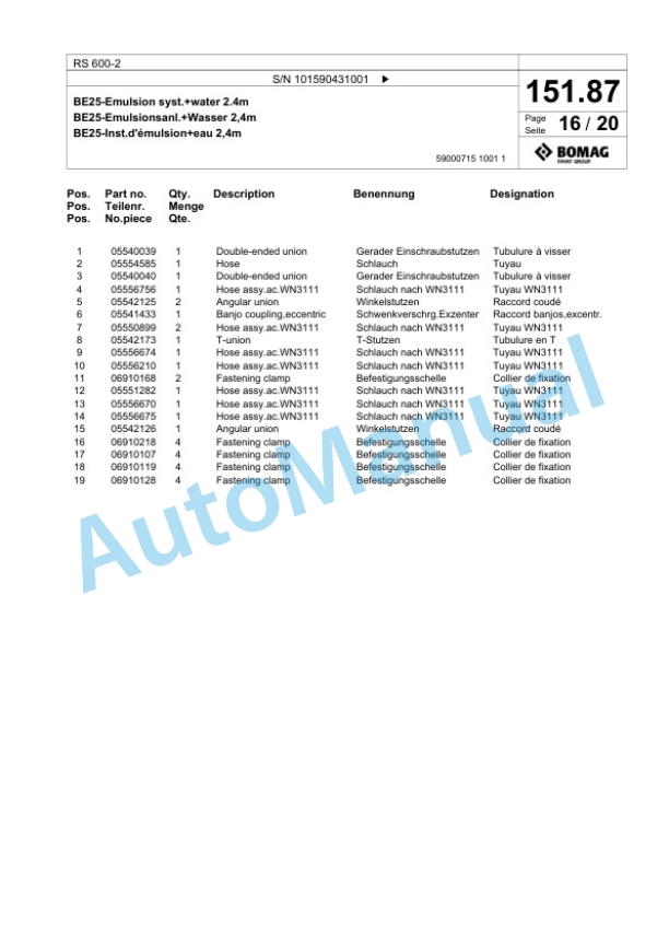 Bomag RS 600-2 Soil Stabilizier - Asphalt Recycler Spare Parts Catalogue 00826669-5