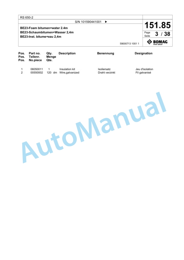 Bomag RS 650-2 Soil Stabilizier - Asphalt Recycler Spare Parts Catalogue 00826671-3