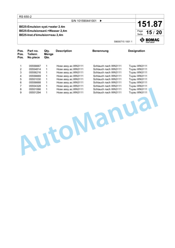 Bomag RS 650-2 Soil Stabilizier - Asphalt Recycler Spare Parts Catalogue 00826671-5