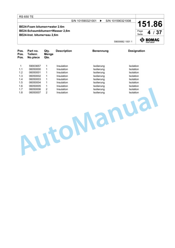 Bomag RS 650 TE Soil Stabilizer - Asphalt Recycler Spare Parts Catalogue 00825831-3