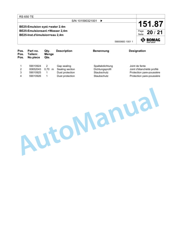 Bomag RS 650 TE Soil Stabilizer - Asphalt Recycler Spare Parts Catalogue 00825831-4