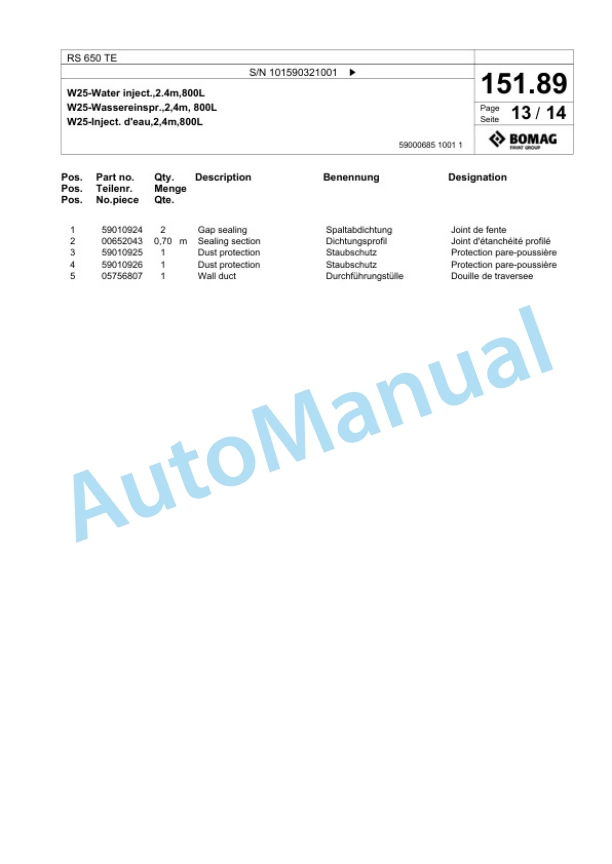 Bomag RS 650 TE Soil Stabilizer - Asphalt Recycler Spare Parts Catalogue 00825831-5