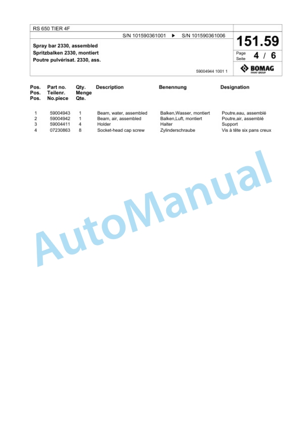 Bomag RS 650 TIER 4F Soil Stabilizer - Asphalt Recycler Spare Parts Catalogue 00825131-2