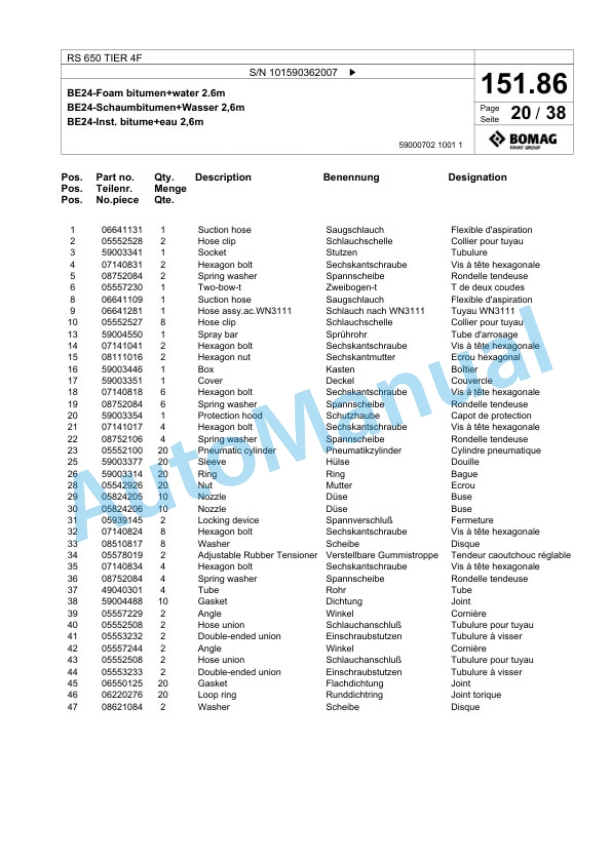 Bomag RS 650 TIER 4F Soil Stabilizer - Asphalt Recycler Spare Parts Catalogue 00825131-3