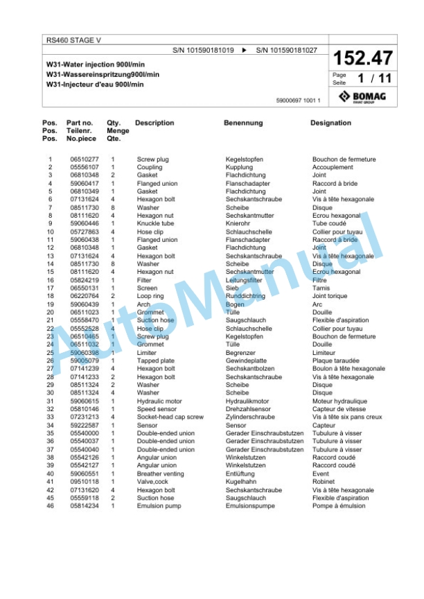 Bomag RS460 STAGE V Soil Stabilizer - Asphalt Recycler Spare Parts Catalogue 00825263-5