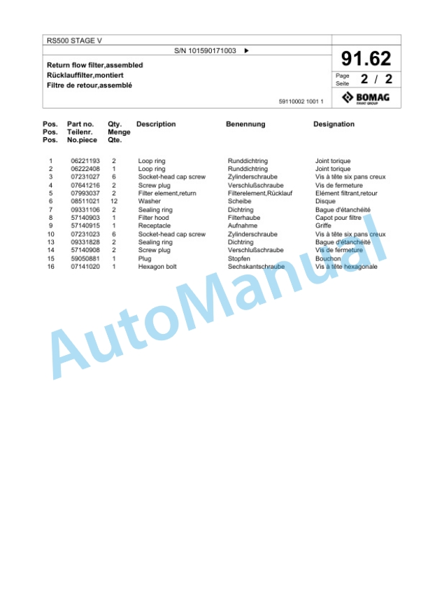 Bomag RS500 STAGE V Soil Stabilizer - Asphalt Recycler Spare Parts Catalogue 00825261-3