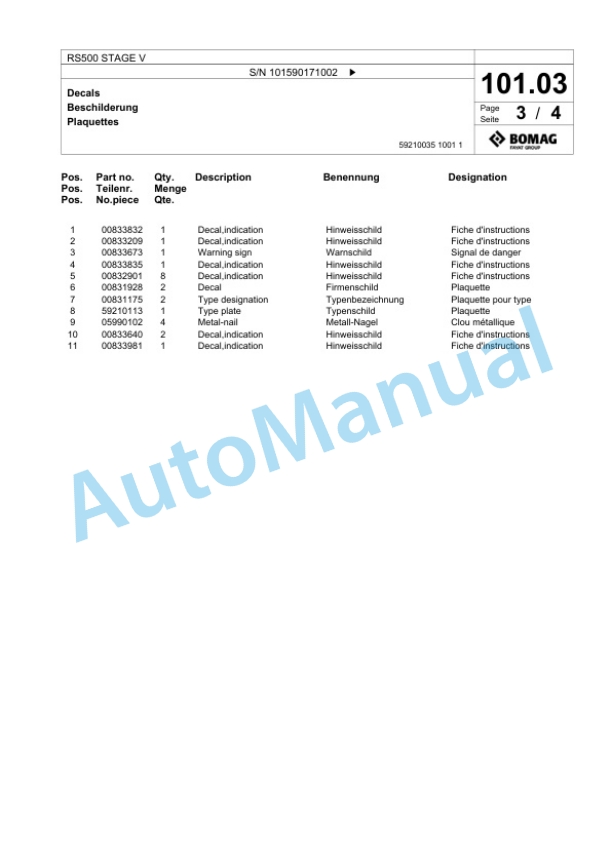 Bomag RS500 STAGE V Soil Stabilizer - Asphalt Recycler Spare Parts Catalogue 00825261-5