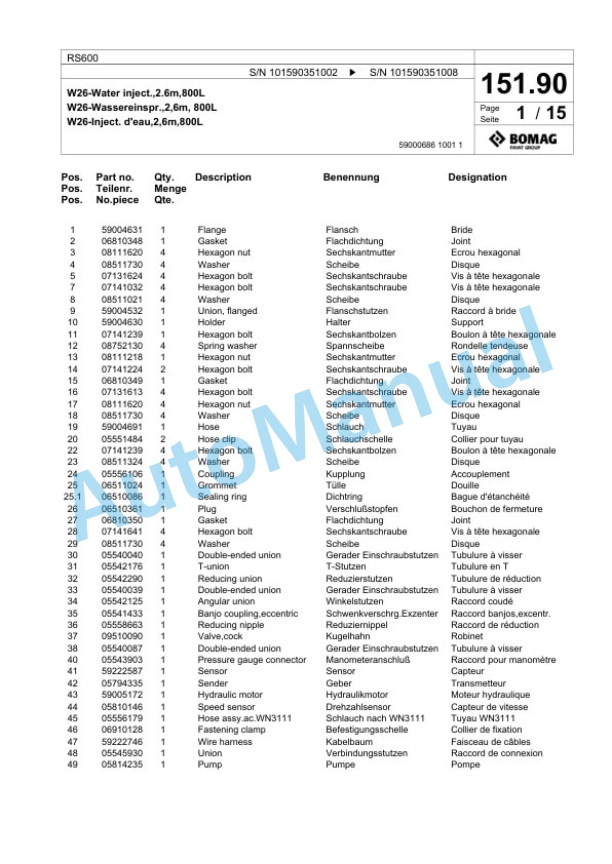 Bomag RS600 Soil Stabilizer - Asphalt Recycler Spare Parts Catalogue 00825147-5