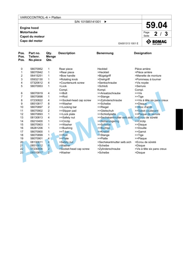 Bomag VARIOCONTROL-4i Plus Platten Single Drum Wheel Drive Vibratory Roller Spare Parts Catalogue 00824453-2