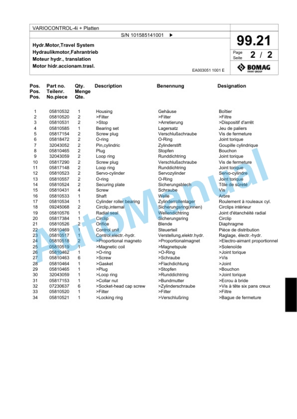 Bomag VARIOCONTROL-4i Plus Platten Single Drum Wheel Drive Vibratory Roller Spare Parts Catalogue 00824453-3