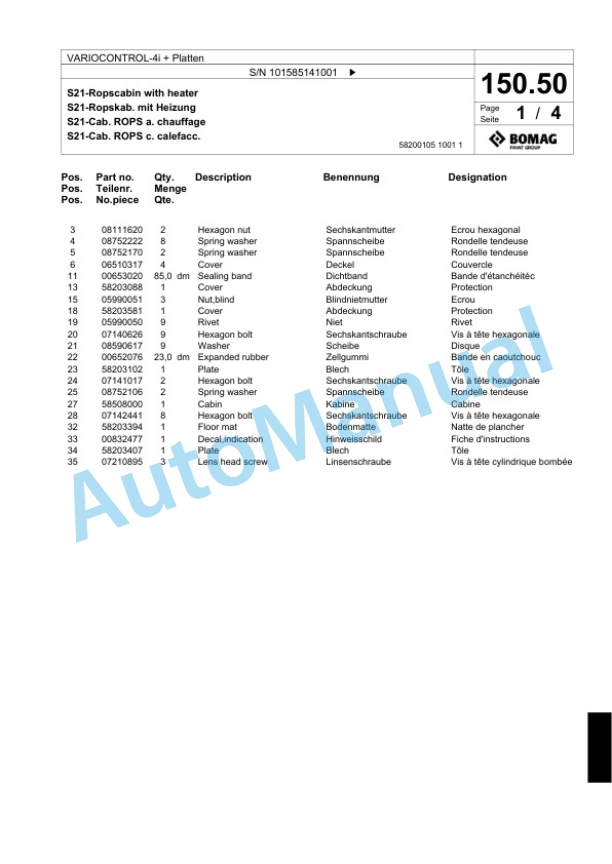Bomag VARIOCONTROL-4i Plus Platten Single Drum Wheel Drive Vibratory Roller Spare Parts Catalogue 00824453-5