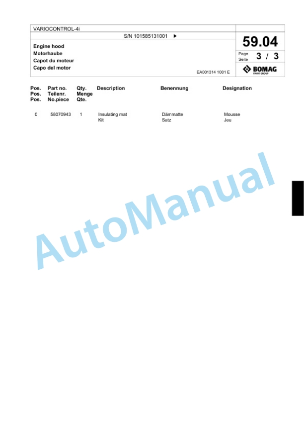 Bomag VARIOCONTROL-4i Single Drum Wheel Drive Vibratory Roller Spare Parts Catalogue 00824451-2