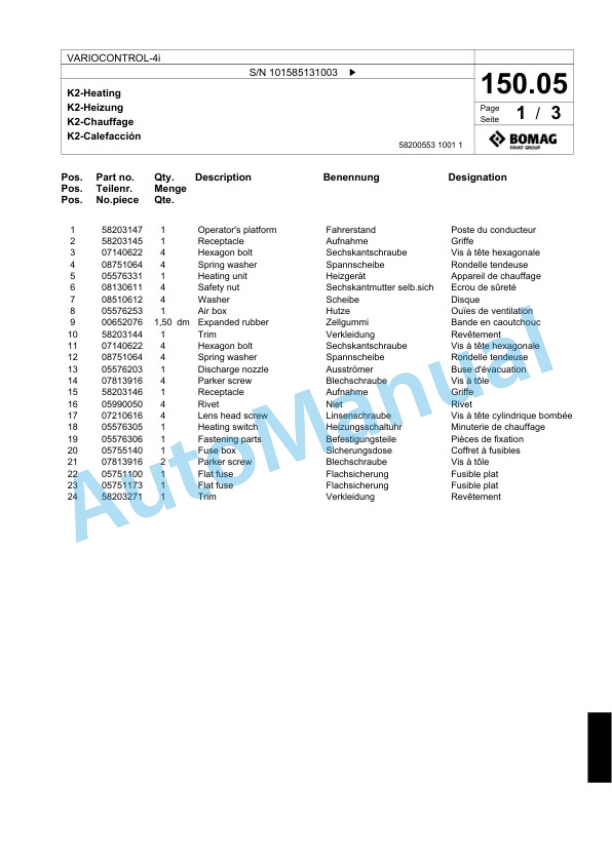 Bomag VARIOCONTROL-4i Single Drum Wheel Drive Vibratory Roller Spare Parts Catalogue 00824451-4