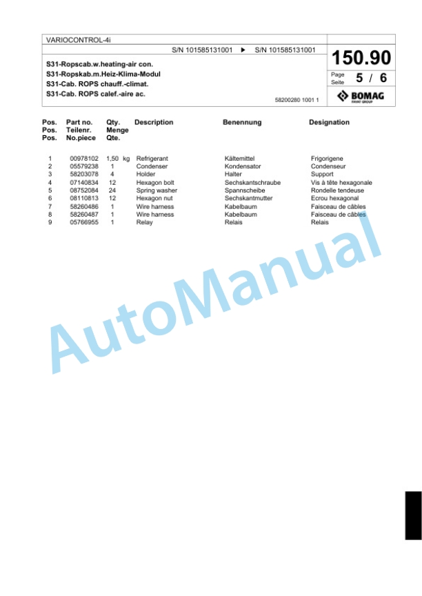 Bomag VARIOCONTROL-4i Single Drum Wheel Drive Vibratory Roller Spare Parts Catalogue 00824451-5