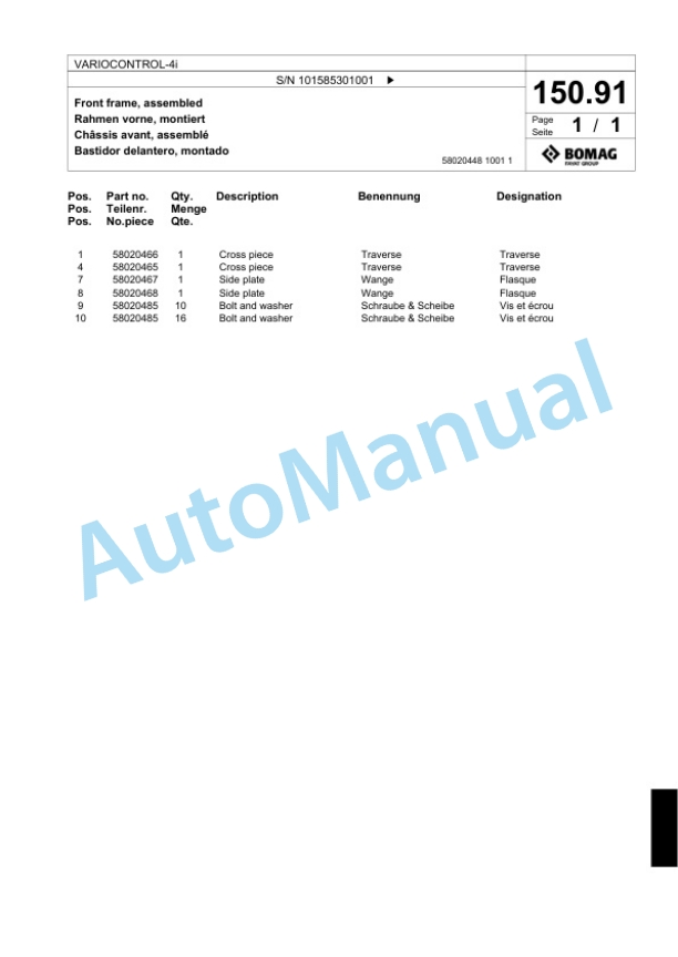 Bomag VARIOCONTROL-4i Single Drum Wheel Drive Vibratory Roller Spare Parts Catalogue 00824681-5