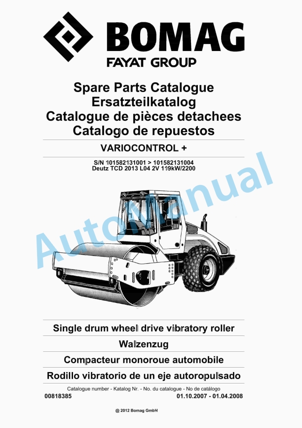 Bomag VARIOCONTROL Plus Single Drum Wheel Drive Vibratory Roller Spare Parts Catalogue 00818385