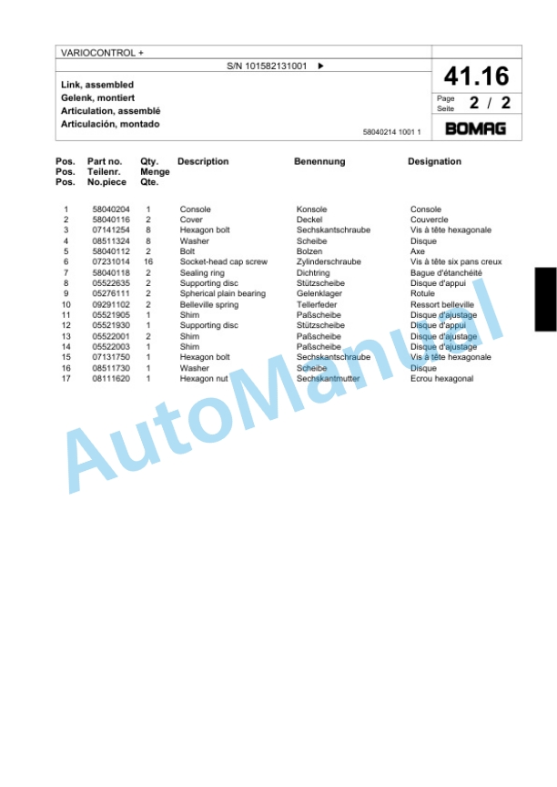 Bomag VARIOCONTROL Plus Single Drum Wheel Drive Vibratory Roller Spare Parts Catalogue 00818385-2