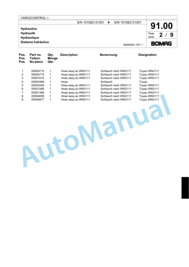 Bomag VARIOCONTROL Plus Single Drum Wheel Drive Vibratory Roller Spare Parts Catalogue 00818385-3