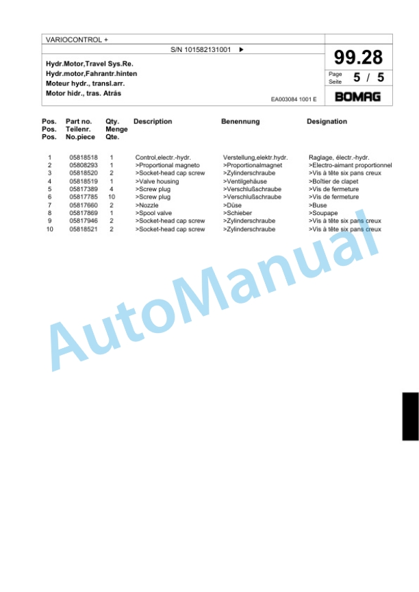 Bomag VARIOCONTROL Plus Single Drum Wheel Drive Vibratory Roller Spare Parts Catalogue 00818385-4