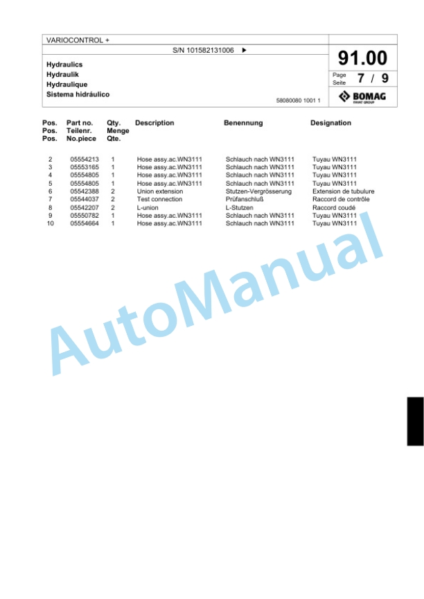Bomag VARIOCONTROL Plus Single Drum Wheel Drive Vibratory Roller Spare Parts Catalogue 00824141-3