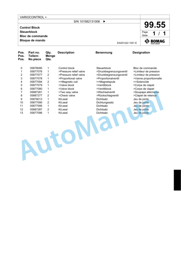 Bomag VARIOCONTROL Plus Single Drum Wheel Drive Vibratory Roller Spare Parts Catalogue 00824141-4